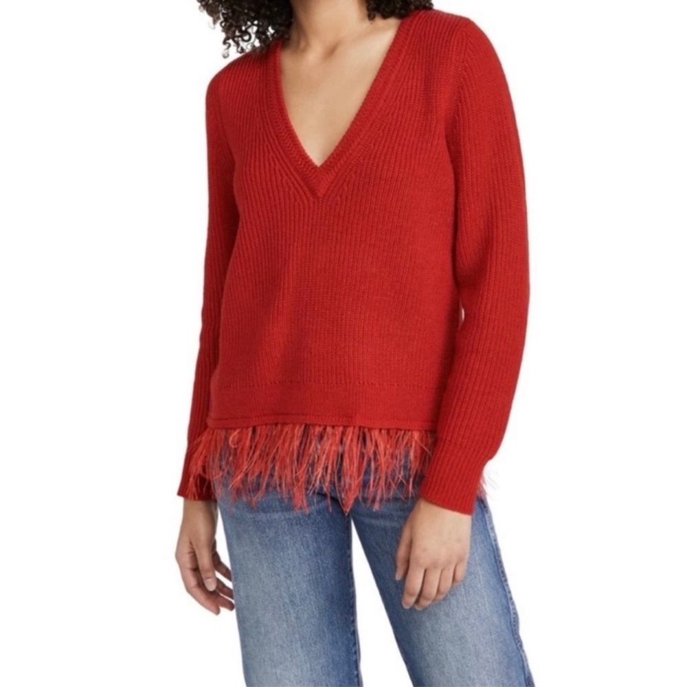 Saylor Juneau Sweater Red Feather Trim Large